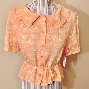 NWT Blouse Large BP Cropped Short Slvs Peach Floral Button-Up Back Ties Viscose